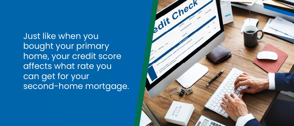 Just like when you bought your primary home, your credit score affects what rate can get for your second-home mortgage - image of a person doing a credit check on their computer